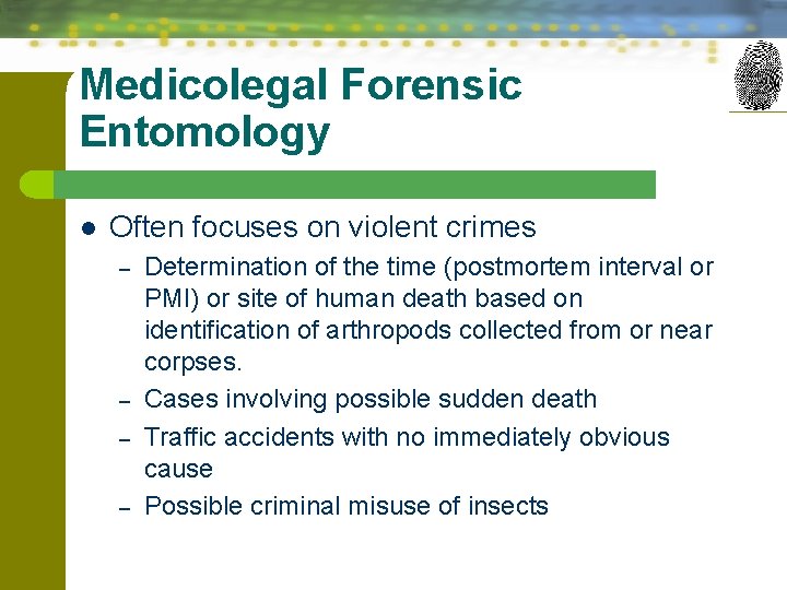 Medicolegal Forensic Entomology l Often focuses on violent crimes – – Determination of the