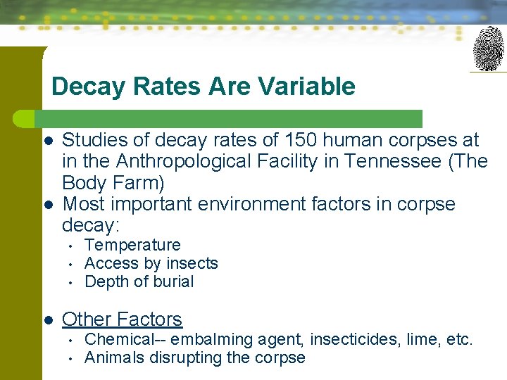 Decay Rates Are Variable l l Studies of decay rates of 150 human corpses