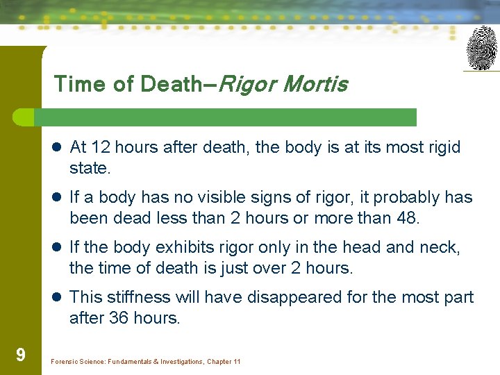 Time of Death—Rigor Mortis l At 12 hours after death, the body is at