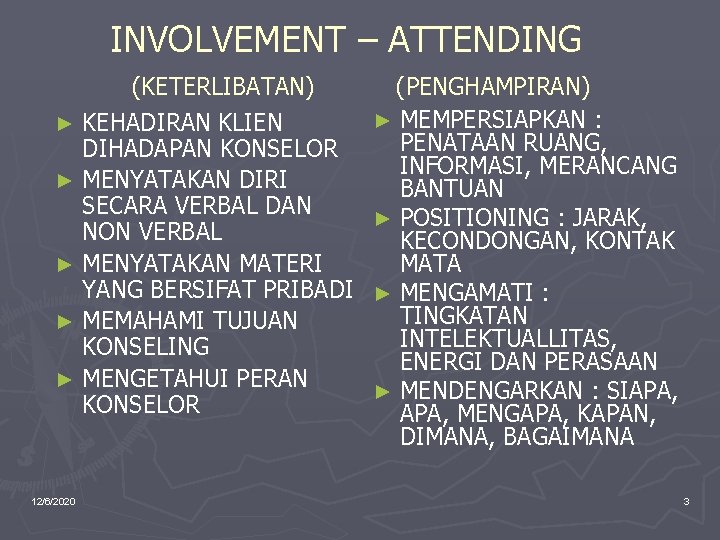 INVOLVEMENT – ATTENDING (KETERLIBATAN) ► KEHADIRAN KLIEN DIHADAPAN KONSELOR ► MENYATAKAN DIRI SECARA VERBAL