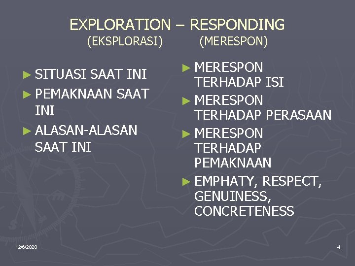 EXPLORATION – RESPONDING (EKSPLORASI) ► SITUASI SAAT INI ► PEMAKNAAN SAAT INI ► ALASAN-ALASAN