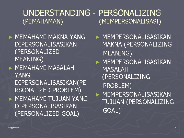 UNDERSTANDING - PERSONALIZING (PEMAHAMAN) MEMAHAMI MAKNA YANG DIPERSONALISASIKAN (PERSONALIZED MEANING) ► MEMAHAMI MASALAH YANG