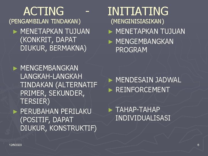 ACTING (PENGAMBILAN TINDAKAN) ► - MENETAPKAN TUJUAN (KONKRIT, DAPAT DIUKUR, BERMAKNA) MENGEMBANGKAN LANGKAH-LANGKAH TINDAKAN