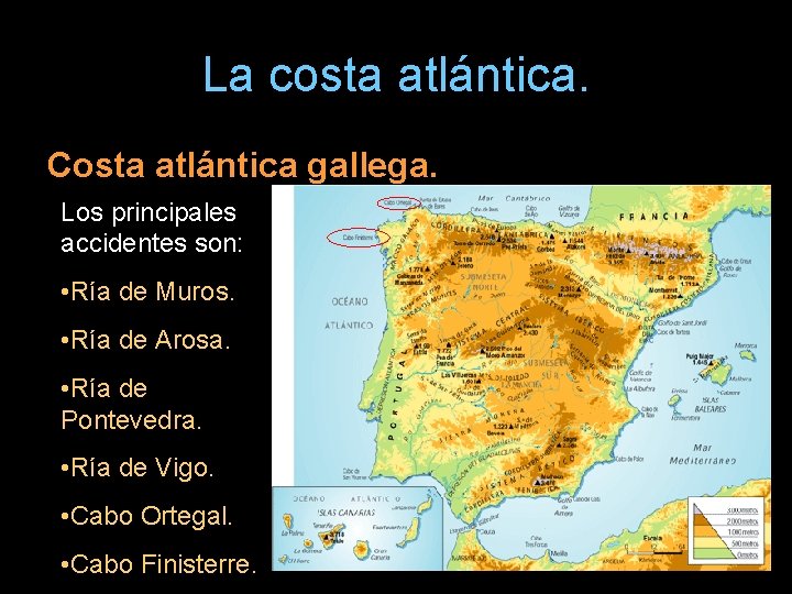 La costa atlántica. Costa atlántica gallega. Los principales accidentes son: • Ría de Muros.