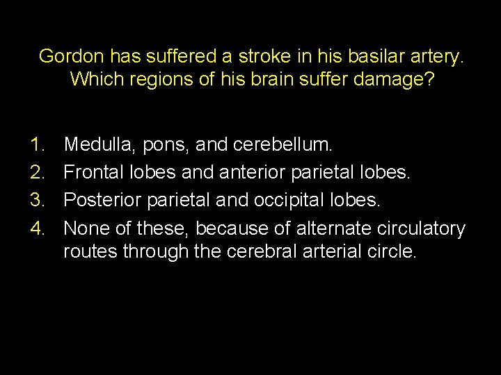 Gordon has suffered a stroke in his basilar artery. Which regions of his brain