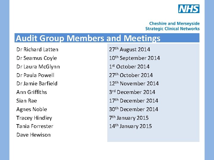 Audit Group Members and Meetings Dr Richard Latten Dr Seamus Coyle Dr Laura Mc.