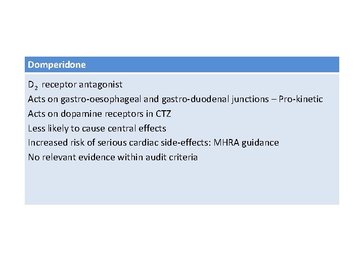 Domperidone D 2 receptor antagonist Acts on gastro-oesophageal and gastro-duodenal junctions – Pro-kinetic Acts