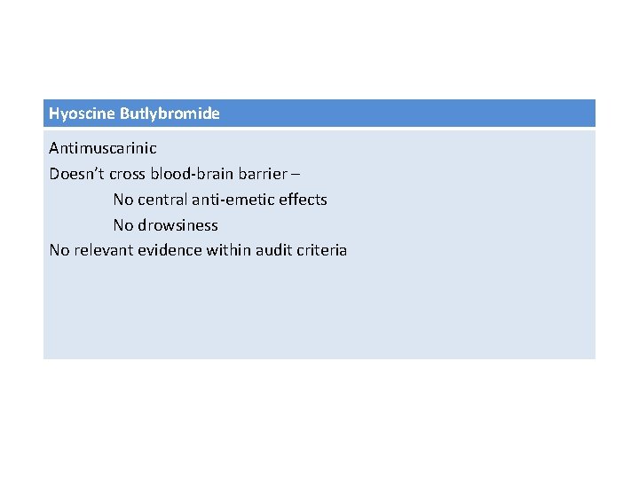 Hyoscine Butlybromide Antimuscarinic Doesn’t cross blood-brain barrier – No central anti-emetic effects No drowsiness