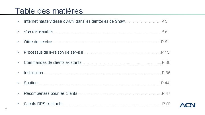 Table des matières 2 • Internet haute vitesse d’ACN dans les territoires de Shaw………….