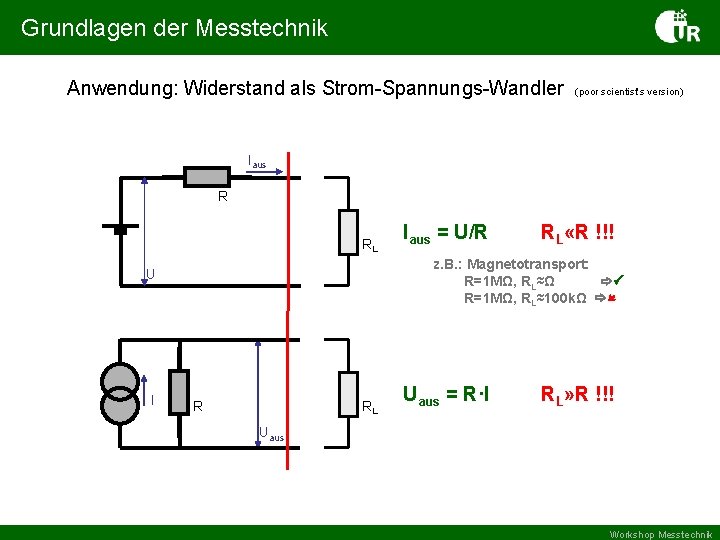 Grundlagen der Messtechnik Anwendung: Widerstand als Strom-Spannungs-Wandler (poor scientist‘s version) Iaus R RL RL