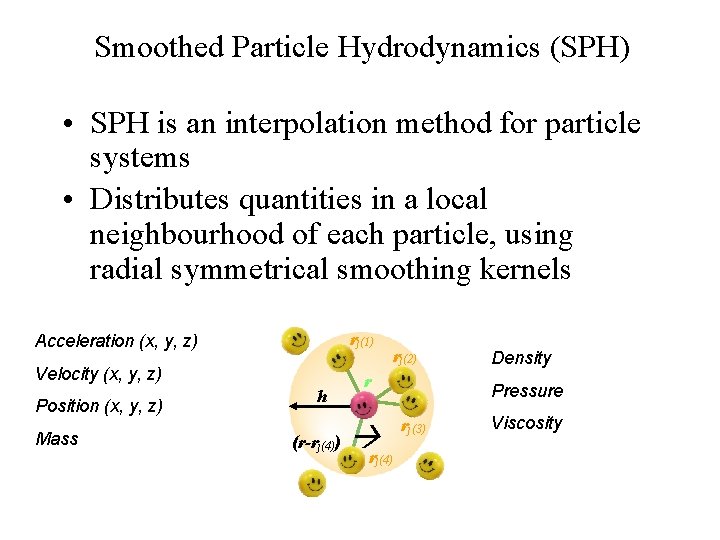 Smoothed Particle Hydrodynamics (SPH) • SPH is an interpolation method for particle systems •