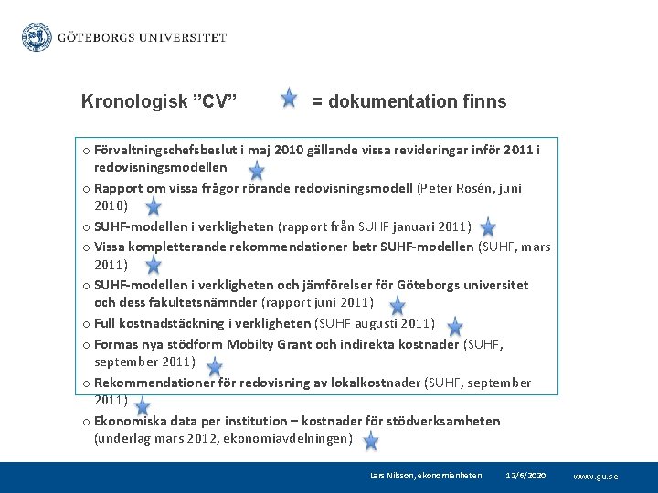 Kronologisk ”CV” = dokumentation finns o Förvaltningschefsbeslut i maj 2010 gällande vissa revideringar inför