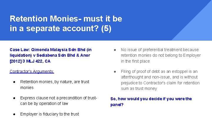 Retention Monies- must it be in a separate account? (5) Case Law: Qimonda Malaysia