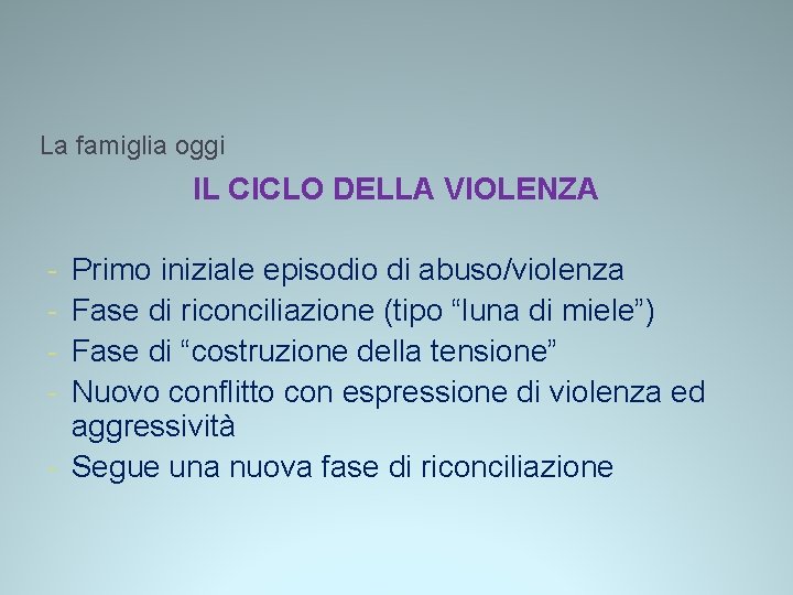 La famiglia oggi IL CICLO DELLA VIOLENZA Primo iniziale episodio di abuso/violenza Fase di La famiglia oggi IL CICLO DELLA VIOLENZA Primo iniziale episodio di abuso/violenza Fase di