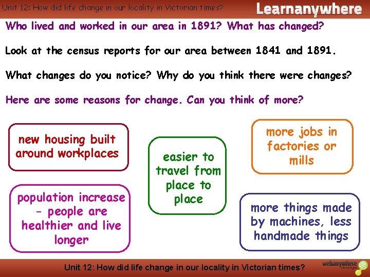 History Unit 12: How did life change in our locality in Victorian times? Who