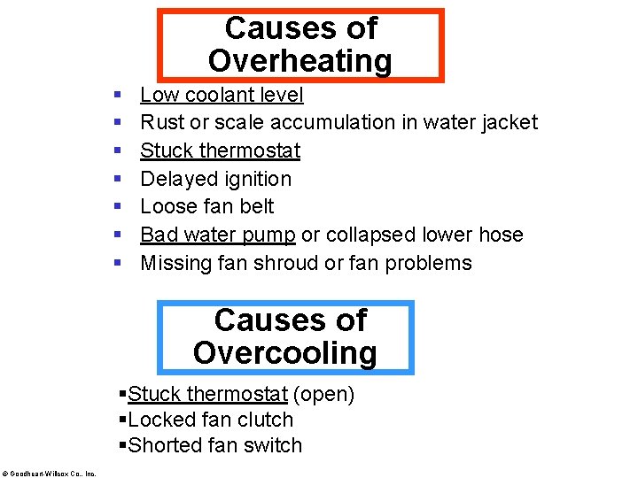 Causes of Overheating § § § § Low coolant level Rust or scale accumulation