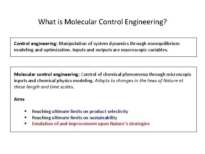 What is Molecular Control Engineering? Control engineering: Manipulation of system dynamics through nonequilibrium modeling