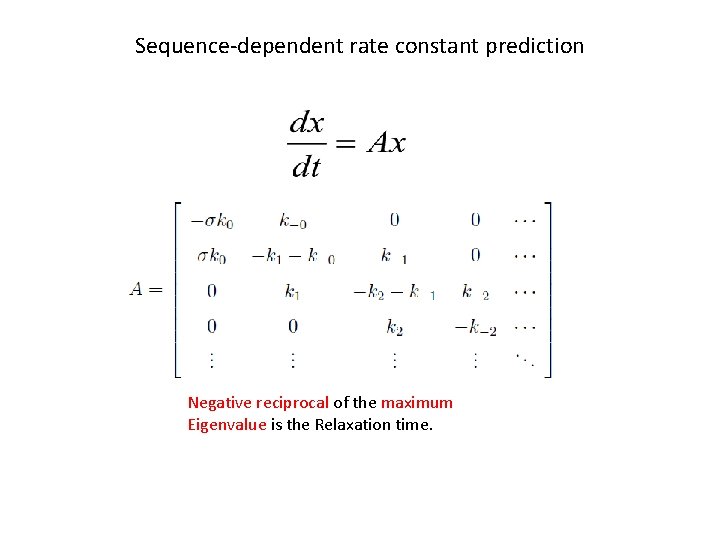 Sequence-dependent rate constant prediction Negative reciprocal of the maximum Eigenvalue is the Relaxation time.