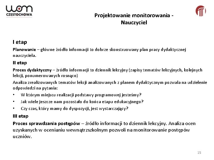 Projektowanie monitorowania Nauczyciel I etap Planowanie – główne źródło informacji to dobrze skonstruowany plan