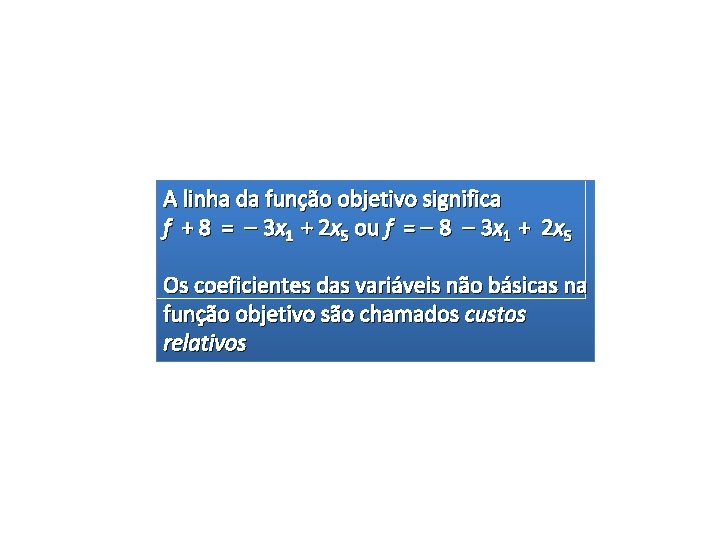 A linha da função objetivo significa f + 8 = 3 x 1 +