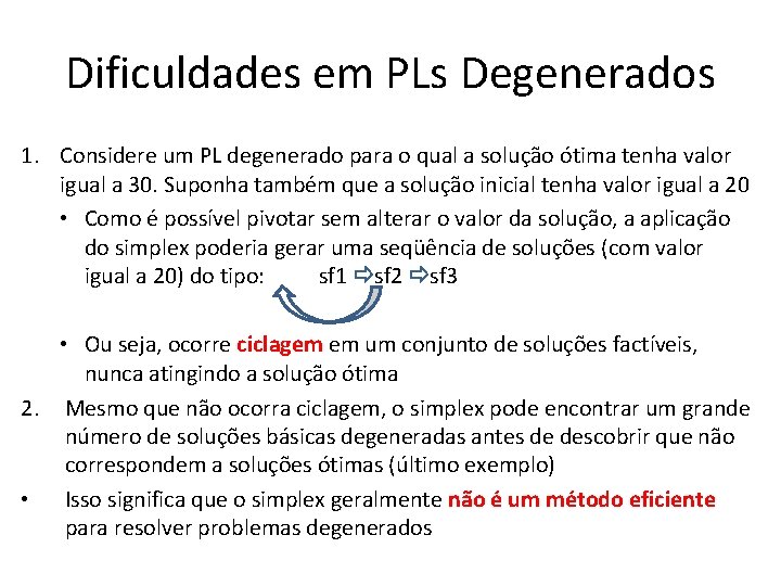 Dificuldades em PLs Degenerados 1. Considere um PL degenerado para o qual a solução