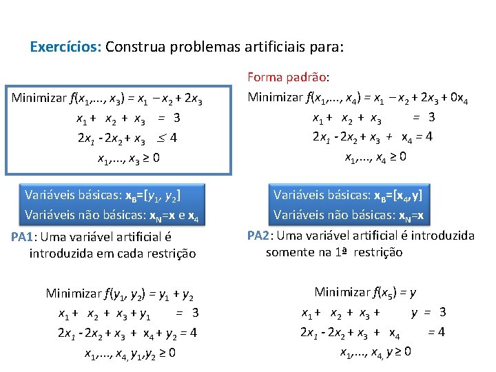 Exercícios: Construa problemas artificiais para: Minimizar f(x 1, . . . , x 3)