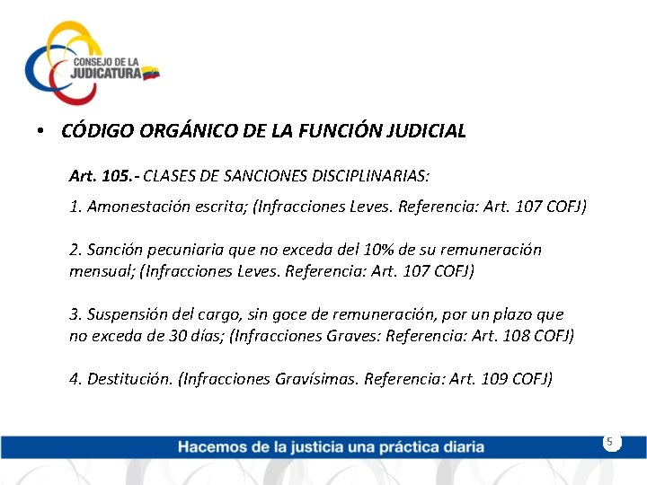  • CÓDIGO ORGÁNICO DE LA FUNCIÓN JUDICIAL Art. 105. - CLASES DE SANCIONES