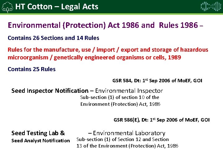 HT Cotton – Legal Acts Environmental (Protection) Act 1986 and Rules 1986 – Contains