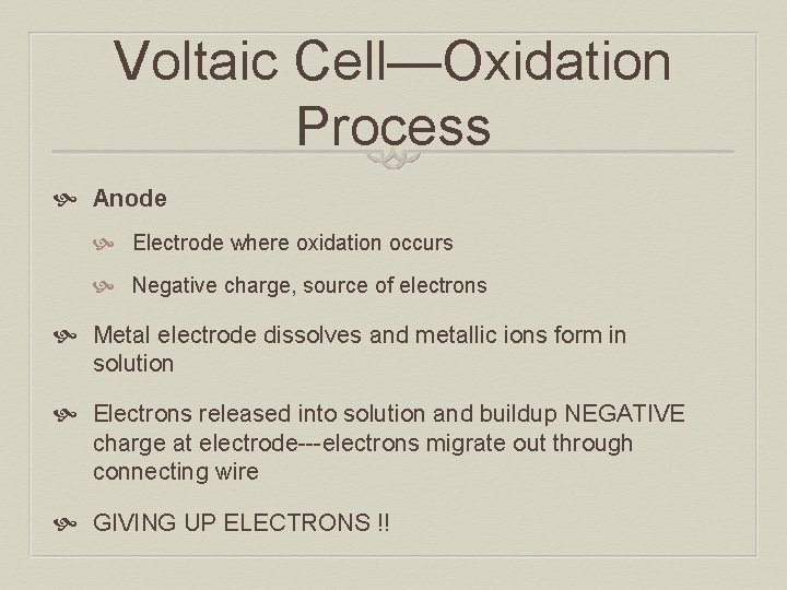 Voltaic Cell—Oxidation Process Anode Electrode where oxidation occurs Negative charge, source of electrons Metal