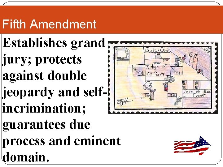 Fifth Amendment Establishes grand jury; protects against double jeopardy and selfincrimination; guarantees due process