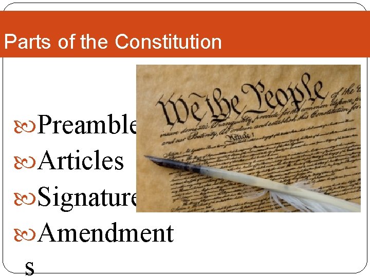 Parts of the Constitution Preamble Articles Signatures Amendment s 