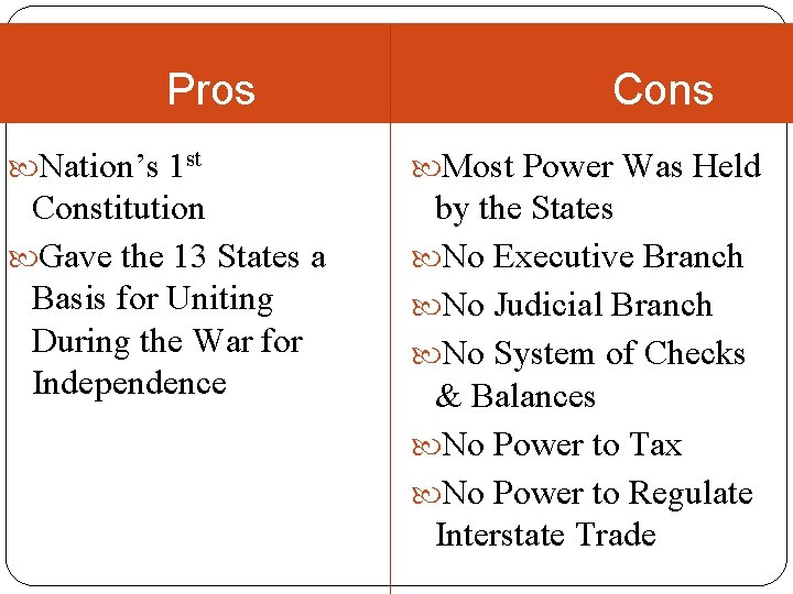 Pros Cons Nation’s 1 st Most Power Was Held Constitution Gave the 13 States