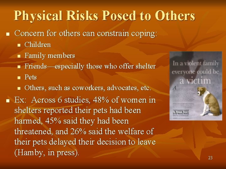 Physical Risks Posed to Others n Concern for others can constrain coping: n n