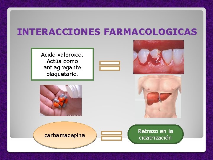 INTERACCIONES FARMACOLOGICAS Acido valproico. Actúa como antiagregante plaquetario. carbamacepina Retraso en la cicatrización 