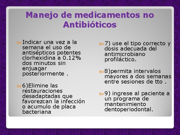 Manejo de medicamentos no Antibióticos Indicar una vez a la semana el uso de