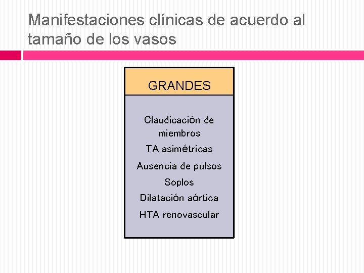 Manifestaciones clínicas de acuerdo al tamaño de los vasos GRANDES Claudicación de miembros TA