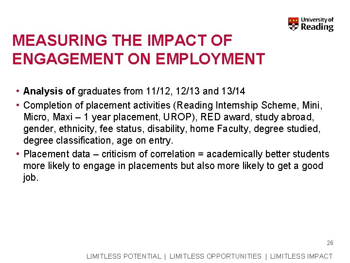 MEASURING THE IMPACT OF ENGAGEMENT ON EMPLOYMENT • Analysis of graduates from 11/12, 12/13