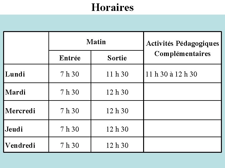 Horaires Matin Entrée Sortie Lundi 7 h 30 11 h 30 Mardi 7 h