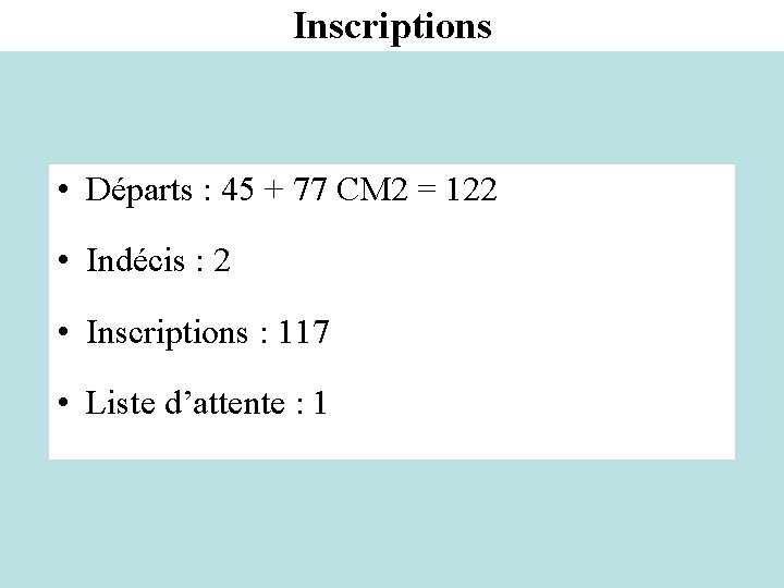 Inscriptions • Départs : 45 + 77 CM 2 = 122 • Indécis :