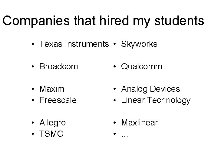 Companies that hired my students • Texas Instruments • Skyworks • Broadcom • Qualcomm Companies that hired my students • Texas Instruments • Skyworks • Broadcom • Qualcomm