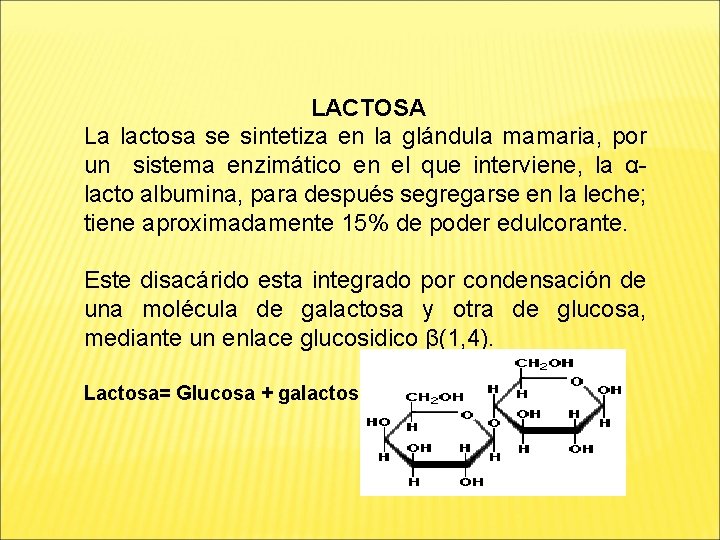 LACTOSA La lactosa se sintetiza en la glándula mamaria, por un sistema enzimático en