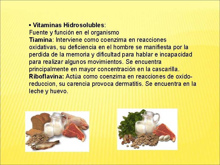  • Vitaminas Hidrosolubles: Fuente y función en el organismo Tiamina: Interviene como coenzima