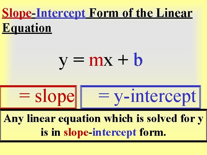 Slope-Intercept Form of the Linear Equation y=m mx + b = slope = y-intercept