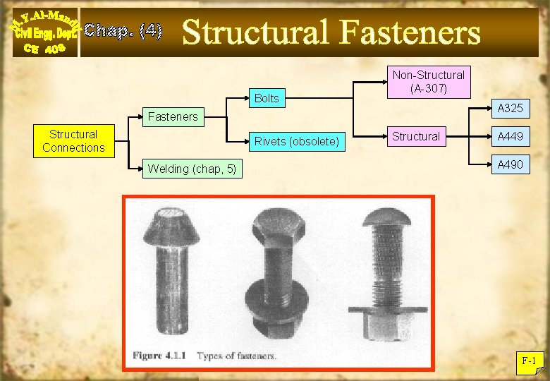 Bolts Non-Structural (A-307) A 325 Fasteners Structural Connections Rivets (obsolete) Welding (chap, 5) Structural