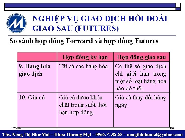 NGHIỆP VỤ GIAO DỊCH HỐI ĐOÁI GIAO SAU (FUTURES) So sánh hợp đồng Forward