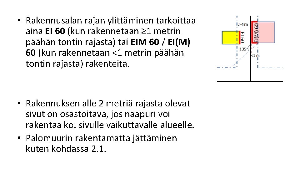 • Rakennusalan rajan ylittäminen tarkoittaa aina EI 60 (kun rakennetaan ≥ 1 metrin • Rakennusalan rajan ylittäminen tarkoittaa aina EI 60 (kun rakennetaan ≥ 1 metrin