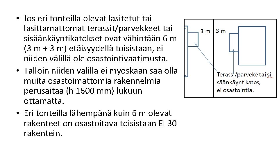 • Jos eri tonteilla olevat lasitetut tai lasittamattomat terassit/parvekkeet tai sisäänkäyntikatokset ovat vähintään • Jos eri tonteilla olevat lasitetut tai lasittamattomat terassit/parvekkeet tai sisäänkäyntikatokset ovat vähintään
