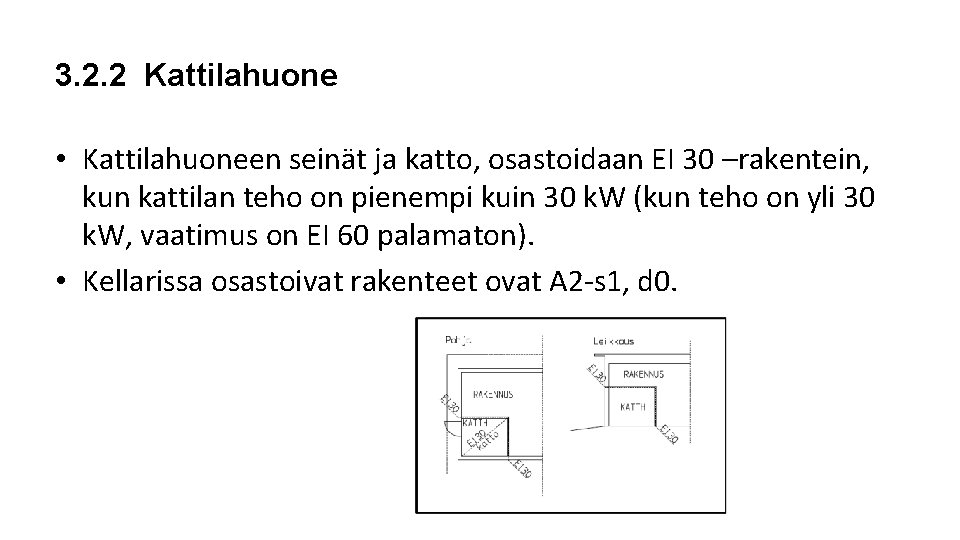 3. 2. 2 Kattilahuone • Kattilahuoneen seinät ja katto, osastoidaan EI 30 –rakentein, kun 3. 2. 2 Kattilahuone • Kattilahuoneen seinät ja katto, osastoidaan EI 30 –rakentein, kun