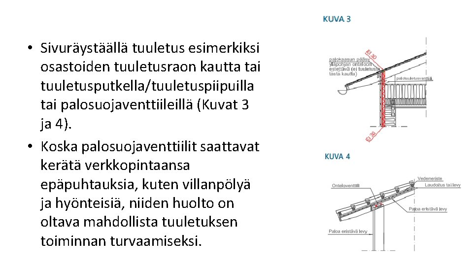 • Sivuräystäällä tuuletus esimerkiksi osastoiden tuuletusraon kautta tai tuuletusputkella/tuuletuspiipuilla tai palosuojaventtiileillä (Kuvat 3 • Sivuräystäällä tuuletus esimerkiksi osastoiden tuuletusraon kautta tai tuuletusputkella/tuuletuspiipuilla tai palosuojaventtiileillä (Kuvat 3