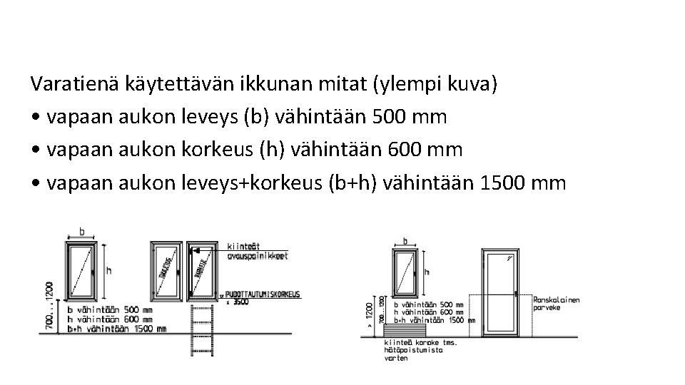 Varatienä käytettävän ikkunan mitat (ylempi kuva) • vapaan aukon leveys (b) vähintään 500 mm Varatienä käytettävän ikkunan mitat (ylempi kuva) • vapaan aukon leveys (b) vähintään 500 mm